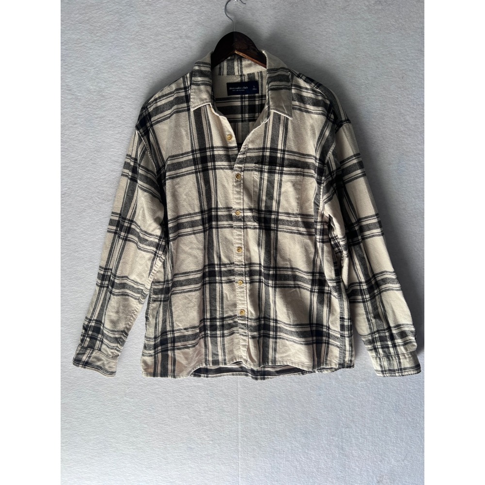 Abercrombie & Fitch Mens Large Soft Flannel Plaid Button Down Shirt Cream Black